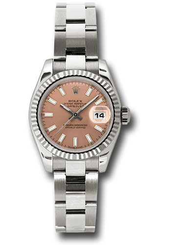 Rolex White Gold Lady-Datejust 26 Watch - Fluted Bezel - Pink Index Dial - Oyster Bracelet