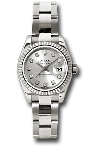Rolex White Gold Lady-Datejust 26 Watch - Fluted Bezel - Silver Diamond Dial - Oyster Bracelet