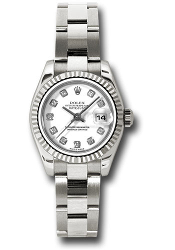 Rolex White Gold Lady-Datejust 26 Watch - Fluted Bezel - White Diamond Dial - Oyster Bracelet