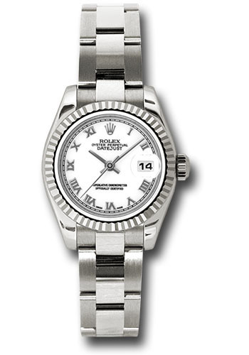 Rolex White Gold Lady-Datejust 26 Watch - Fluted Bezel - White Roman Dial - Oyster Bracelet