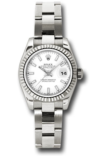Rolex White Gold Lady-Datejust 26 Watch - Fluted Bezel - White Index Dial - Oyster Bracelet