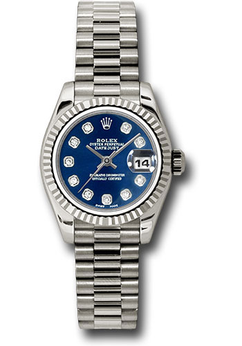 Rolex White Gold Lady-Datejust 26 Watch - Fluted Bezel - Blue Diamond Dial - President Bracelet