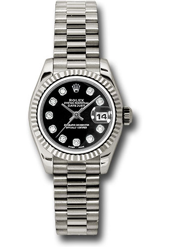 Rolex White Gold Lady-Datejust 26 Watch - Fluted Bezel - Black Diamond Dial - President Bracelet