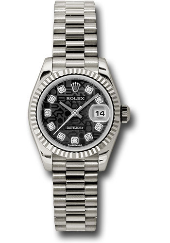 Rolex White Gold Lady-Datejust 26 Watch - Fluted Bezel - Black Jubilee Diamond Dial - President Bracelet
