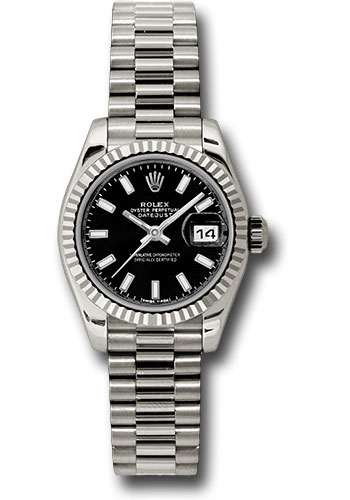 Rolex White Gold Lady-Datejust 26 Watch - Fluted Bezel - Black Index Dial - President Bracelet