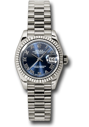 Rolex White Gold Lady-Datejust 26 Watch - Fluted Bezel - Blue Roman Dial - President Bracelet
