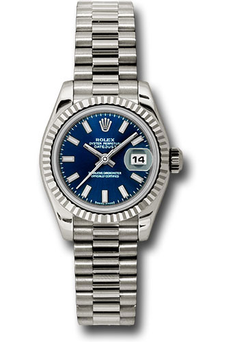Rolex White Gold Lady-Datejust 26 Watch - Fluted Bezel - Blue Index Dial - President Bracelet