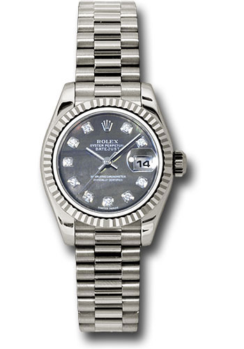 Rolex White Gold Lady-Datejust 26 Watch - Fluted Bezel - Black Mother-Of-Pearl Diamond Dial - President Bracelet