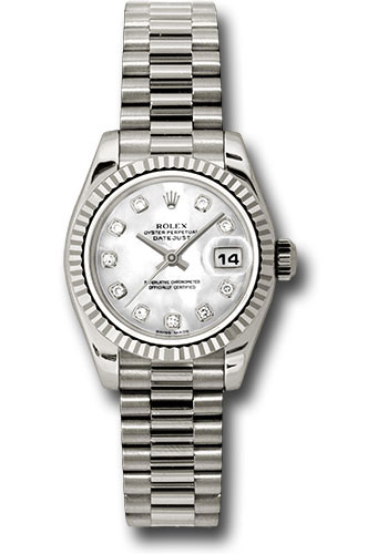 Rolex White Gold Lady-Datejust 26 Watch - Fluted Bezel - Mother-Of-Pearl Diamond Dial - President Bracelet