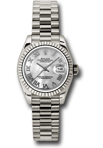 Rolex White Gold Lady-Datejust 26 Watch - Fluted Bezel - Mother-Of-Pearl Roman Dial - President Bracelet