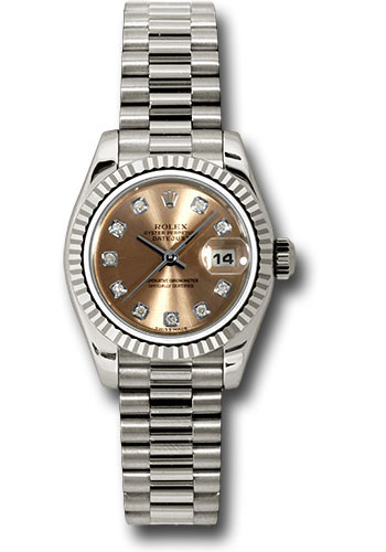 Rolex White Gold Lady-Datejust 26 Watch - Fluted Bezel - Pink Diamond Dial - President Bracelet