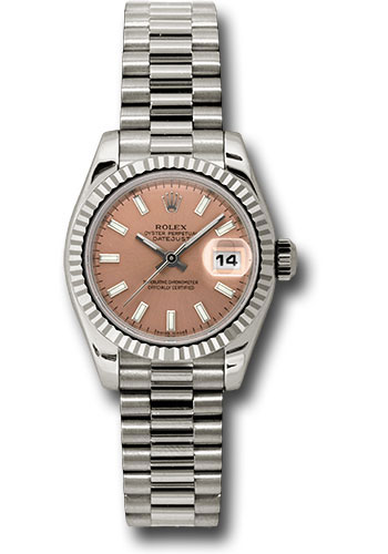 Rolex White Gold Lady-Datejust 26 Watch - Fluted Bezel - Pink Index Dial - President Bracelet