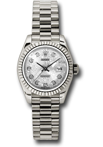 Rolex White Gold Lady-Datejust 26 Watch - Fluted Bezel - Silver Jubilee Diamond Dial - President Bracelet