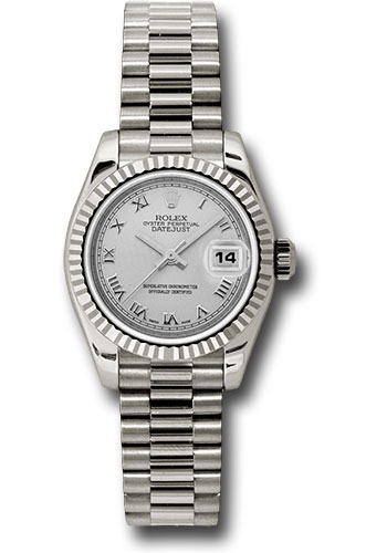 Rolex White Gold Lady-Datejust 26 Watch - Fluted Bezel - Silver Roman Dial - President Bracelet