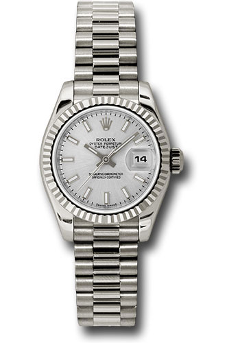 Rolex White Gold Lady-Datejust 26 Watch - Fluted Bezel - Silver Index Dial - President Bracelet