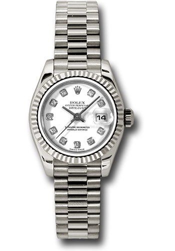 Rolex White Gold Lady-Datejust 26 Watch - Fluted Bezel - White Diamond Dial - President Bracelet
