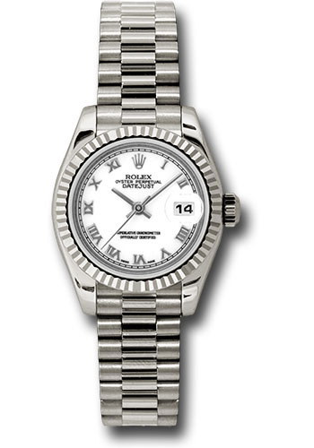 Rolex White Gold Lady-Datejust 26 Watch - Fluted Bezel - White Roman Dial - President Bracelet