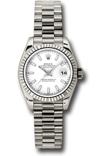 Rolex White Gold Lady-Datejust 26 Watch - Fluted Bezel - White Index Dial - President Bracelet