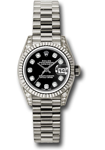 Rolex White Gold Lady-Datejust 26 Watch - Fluted Bezel - Black Diamond Dial - President Bracelet