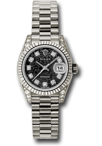 Rolex White Gold Lady-Datejust 26 Watch - Fluted Bezel - Black Jubilee Diamond Dial - President Bracelet