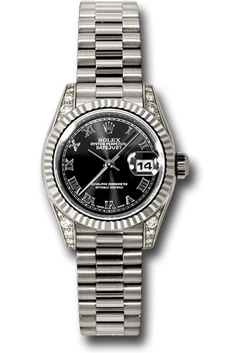 Rolex White Gold Lady-Datejust 26 Watch - Fluted Bezel - Black Roman Dial - President Bracelet