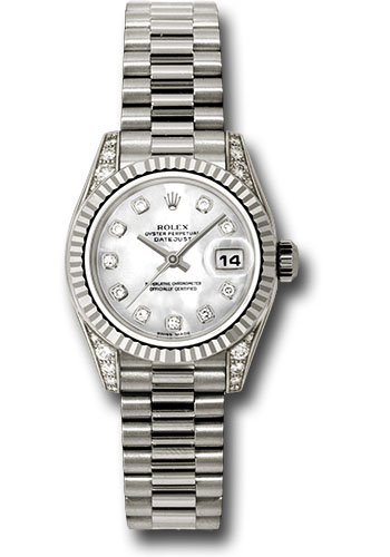 Rolex White Gold Lady-Datejust 26 Watch - Fluted Bezel - Mother-Of-Pearl Diamond Dial - President Bracelet