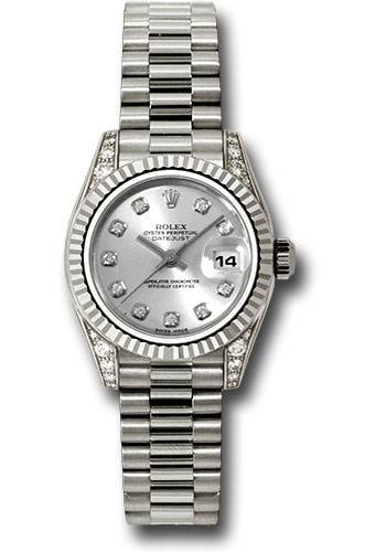 Rolex White Gold Lady-Datejust 26 Watch - Fluted Bezel - Silver Diamond Dial - President Bracelet