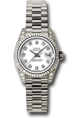lex White Gold Lady-Datejust 26 Watch - Fluted Bezel - White Diamond Dial - President Bracelet