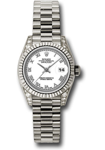 Rolex White Gold Lady-Datejust 26 Watch - Fluted Bezel - White Roman Dial - President Bracele