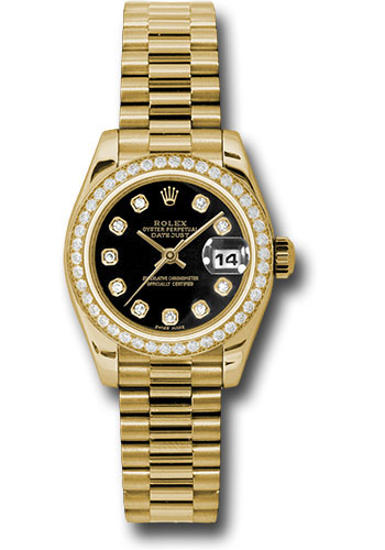 Rolex Yellow Gold Lady-Datejust 26 Watch - 42 Diamond Bezel - Black Diamond Dial - President Bracelet