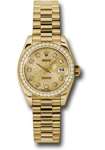 Rolex Yellow Gold Lady-Datejust 26 Watch - 42 Diamond Bezel - Champagne Jubilee Diamond Dial - President Bracelet
