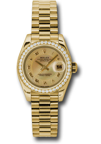 Rolex Yellow Gold Lady-Datejust 26 Watch - 42 Diamond Bezel - Champagne Decorated Mother-Of-Pearl Roman Dial - President Bracelet