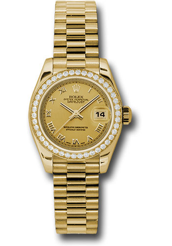 Rolex Yellow Gold Lady-Datejust 26 Watch - 42 Diamond Bezel - Champagne Roman Dial - President Bracelet