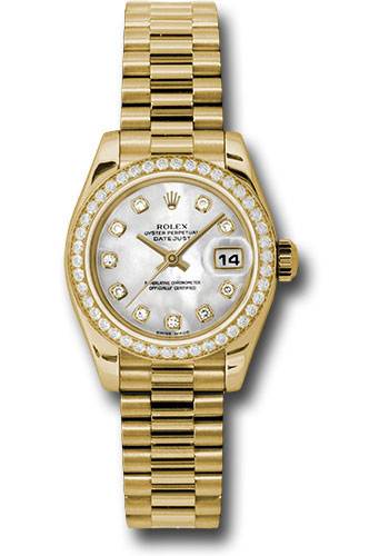 Rolex Yellow Gold Lady-Datejust 26 Watch - 42 Diamond Bezel - Mother-Of-Pearl Diamond Dial - President Bracelet