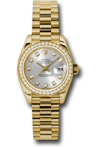 Rolex Yellow Gold Lady-Datejust 26 Watch - 42 Diamond Bezel - Silver Diamond Dial - President Bracelet