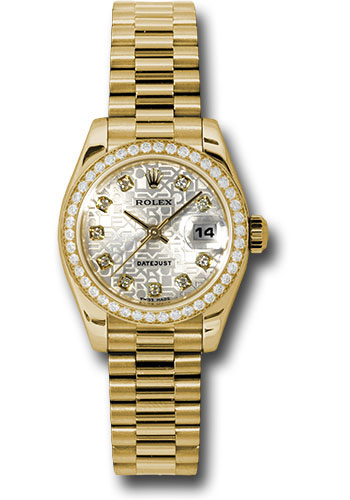 Rolex Yellow Gold Lady-Datejust 26 Watch - 42 Diamond Bezel - Silver Jubilee Diamond Dial - President Bracelet