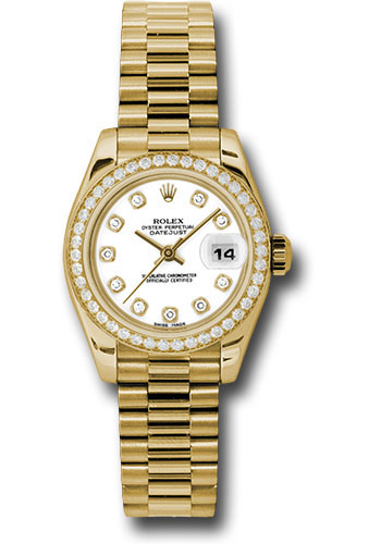 Rolex Yellow Gold Lady-Datejust 26 Watch - 42 Diamond Bezel - White Diamond Dial - President Bracelet
