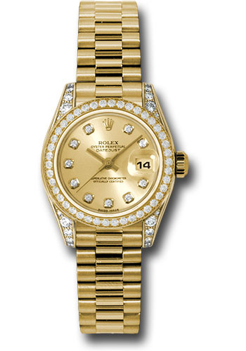 Rolex Yellow Gold Lady-Datejust 26 Watch - 42 Diamond Bezel - Champagne Diamond Dial - President Bracelet