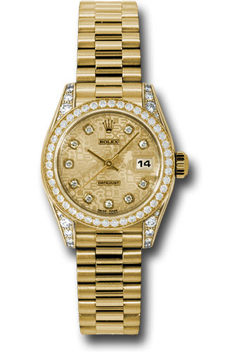 Rolex Yellow Gold Lady-Datejust 26 Watch - 42 Diamond Bezel - Champagne Jubilee Diamond Dial - President Bracelet