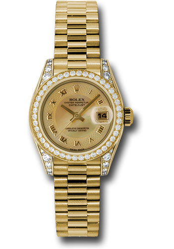 Rolex Yellow Gold Lady-Datejust 26 Watch - 42 Diamond Bezel - Champagne Decorated Mother-Of-Pearl Roman Dial - President Bracelet