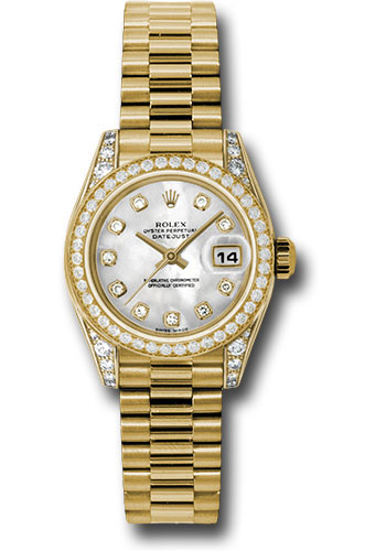 Rolex Yellow Gold Lady-Datejust 26 Watch - 42 Diamond Bezel - Mother-Of-Pearl Diamond Dial - President Bracelet