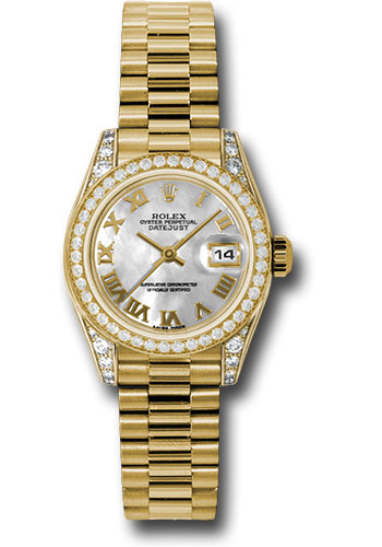 Rolex Yellow Gold Lady-Datejust 26 Watch - 42 Diamond Bezel - Mother-Of-Pearl Roman Dial - President Bracelet