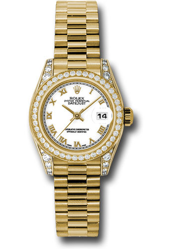 Rolex Yellow Gold Lady-Datejust 26 Watch - 42 Diamond Bezel - White Roman Dial - President Bracelet