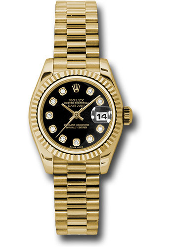 Rolex Yellow Gold Lady-Datejust 26 Watch - Fluted Bezel - Black Diamond Dial - President Bracelet