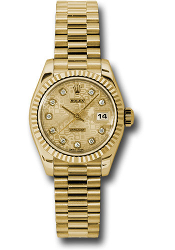 Rolex Yellow Gold Lady-Datejust 26 Watch - Fluted Bezel - Champagne Jubilee Diamond Dial - President Bracelet