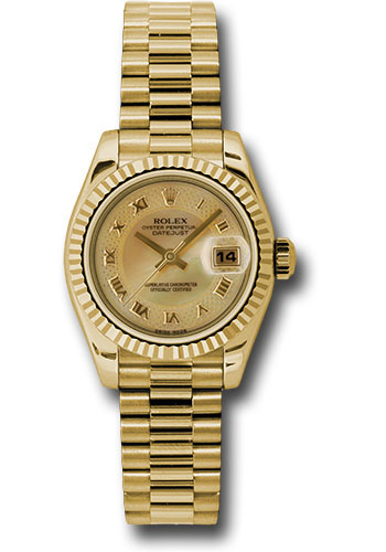 Rolex Yellow Gold Lady-Datejust 26 Watch - Fluted Bezel - Champagne Decorated Mother-Of-Pearl Roman Dial - President Bracelet