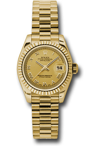 Rolex Yellow Gold Lady-Datejust 26 Watch - Fluted Bezel - Champagne Roman Dial - President Bracelet