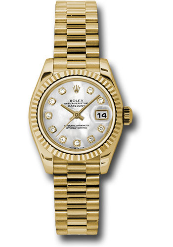 Rolex Yellow Gold Lady-Datejust 26 Watch - Fluted Bezel - Mother-Of-Pearl Diamond Dial - President Bracelet