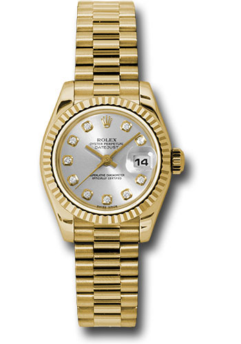 Rolex Yellow Gold Lady-Datejust 26 Watch - Fluted Bezel - Silver Diamond Dial - President Bracelet