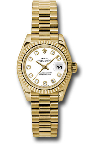 Rolex Yellow Gold Lady-Datejust 26 Watch - Fluted Bezel - White Diamond Dial - President Bracelet